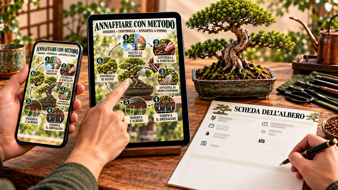 Apri la guida, confronta la mappa con il tuo bonsai e annota l'intervento