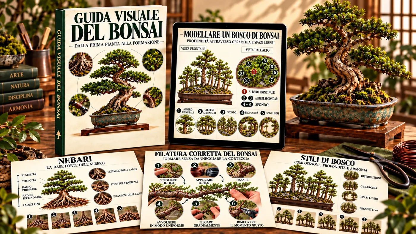 Guida Visuale del Bonsai presentata accanto a un bonsai